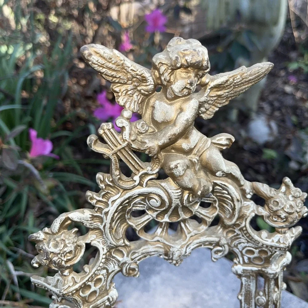 Rare Cherub Antique Ornate Cast Iron Angel Harp Picture Photo Frame 14
